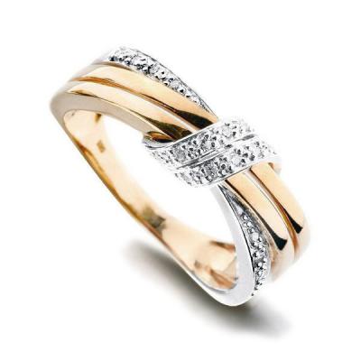 Staviori pierścionek. 14 diamentów, szlif brylantowy, masa 0,07 ct., barwa h, czystość i1. żółte, białe złoto 0,585. szerokość 7 mm.