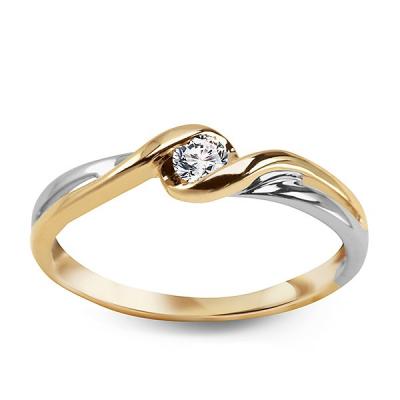 Złoty staviori pierścionek. połączenie białego i żółtego złota pr. 0.585. 1 diament, szlif brylantowy, masa 0,15 ct., barwa j, czystość i1.