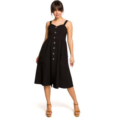 Czarna midi sukienka na szelkach z ozdobnymi guzikami