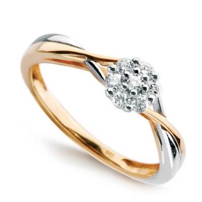 Staviori pierścionek. 7 diamentów, szlif brylantowy, masa 0,14 ct., barwa i-j, czystość i1-i2. żółte, białe złoto 0,585. średnica korony ok. 6 mm