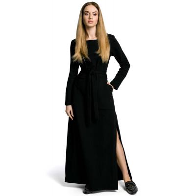 Czarna sukienka dresowa maxi z dekoltem caro z rozcięciem