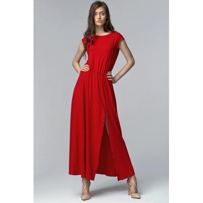 Czerwona efektowna maxi sukienka z długim rozporkiem