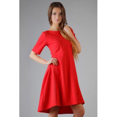 Czerwona elegancka rozkloszowana sukienka z wydłużonym tyłem