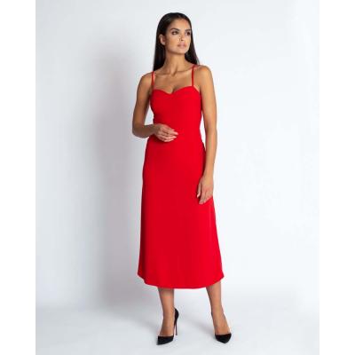 Czerwona midi sukienka na cienkich ramiączkach