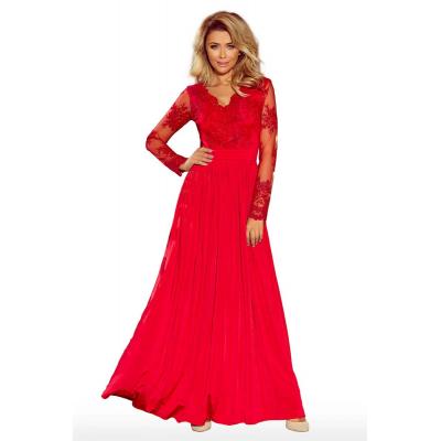 Czerwona wieczorowa sukienka maxi z koronkową górą