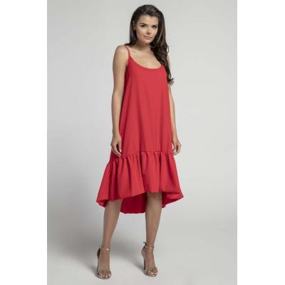 Czerwona zwiewna sukienka z asymetryczną falbanką na cienkich ramiączkach