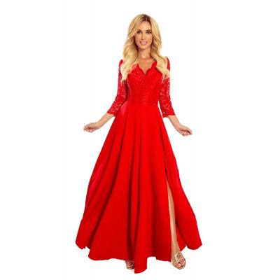Długa rozkloszowana sukienka z koronką - czerwona
