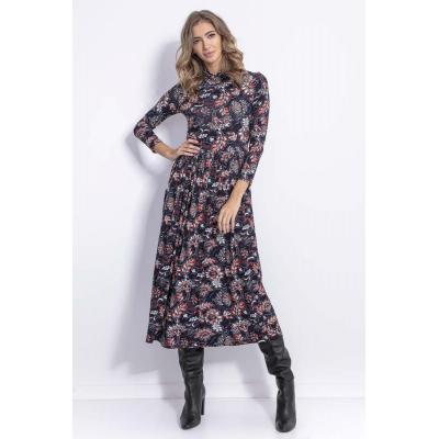 Granatowa sukienka z florystycznym printem z półgolfem