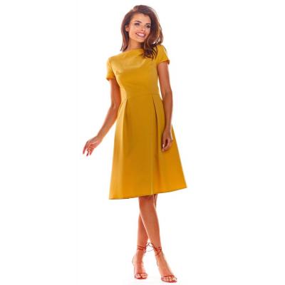 Żółta klasyczna lekko rozkloszowana sukienka z krótkim rękawem