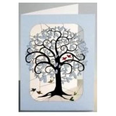 Karnet pm246 wycinany + koperta białe drzewo ptaki