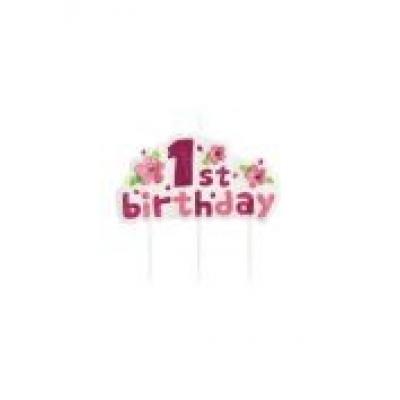 Świeczka na pikerach "1st birthday" różowa