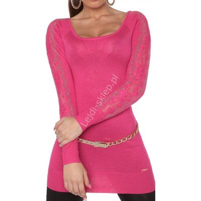 Różowa tunika z dzianiny  - sweter z kryształkami |  różowe swetry damskie 8077