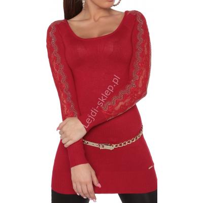Czerwona tunika z dzianiny  - sweter z kryształkami |  czerwone swetry damskie 8077