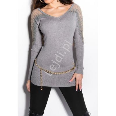 Sweter damski z gipiurową koronką oraz cyrkoniami | sweter młodzieżowy- szary 8102