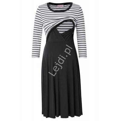 Sukienka ciążowa czarna z górą w biało czarne paski | bawełniana do karmienia piersią 050