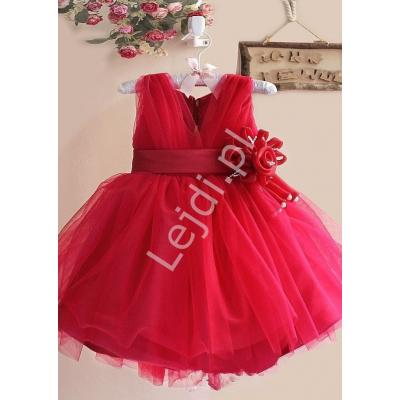 Czerwona sukienka dla dziewczynki z kwiatkiem w pasie  na wesele, urodziny czy święta