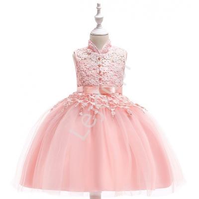 Różowa sukienka dla dziewczynki tiulowo koronkowa ze stójką