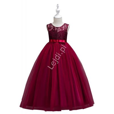 Długa sukienka tiulowa dla dziewczynki w kolorze wina na wesele 006