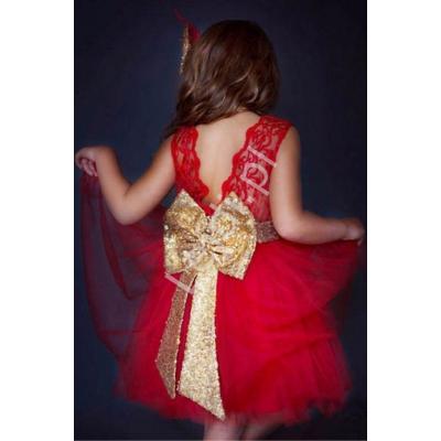 Tiulowa sukienka dla dziewczynki - czerwona z cekinowym złotym paskiem i kokardą