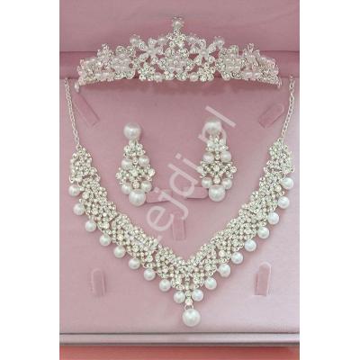 Komplet biżuterii ślubnej z cyrkoniami swarovskiego i perełkami - naszyjnik, kolczyki, diadem