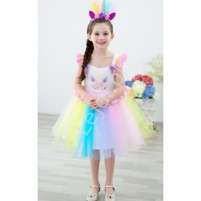 Sukienka dla dziewczynki jednorożec z różowymi falbankami 090
