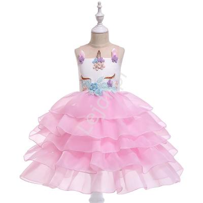 Różowa dziecięca sukienka jednorożec z falbankami na spódnicy 056
