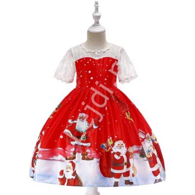 Czerwona sukienka dla dziewczynki z mikołajami, świąteczna sukienka dziecięca 41g