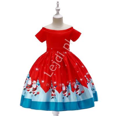 Świąteczna sukienka dla dziewczynki czerwona z św. mikołajami 40f