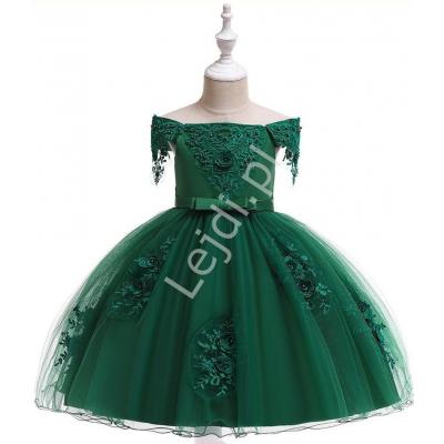 Butelkowo zielona sukienka dziecięca z dekoltem typu hiszpanka 057
