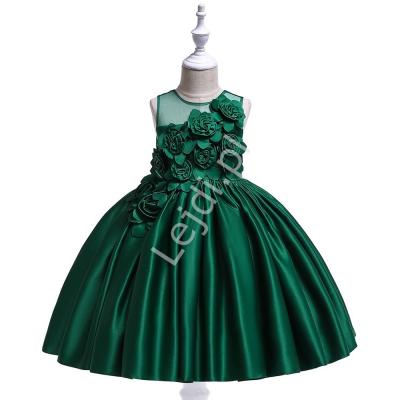 Butelkowo zielona sukienka dla dziewczynki z satynobawełny z kwiatami 3d 068