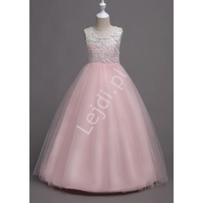 Jasno różowa sukienka tiulowa dla dziewczynki z białą koronką na dekolcie  007