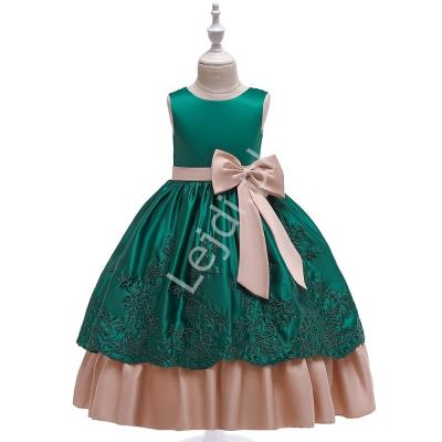 Zielona sukienka dla dziewczynki z beżowymi kokardkami 220