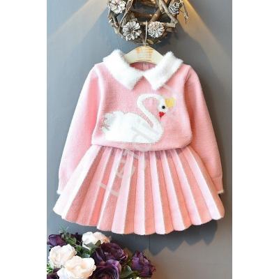 Różowy elegancki komplet dla dziewczynki, spódniczka i sweterek z łabędziem