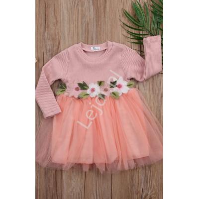Sukienka dla dziewczynki z haftowanymi kwiatkami i tiulową spódniczką, tutu dress, koralowa 024