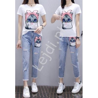 Zestaw 2- częściowy jeansy damskie z kotem oraz t-shirt z kotem