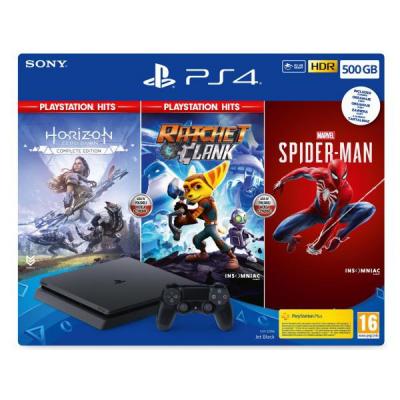 PlayStation 4 Slim 500 GB + Horizon Zero Dawn EK + Ratchet & Clank + Marvel’s Spider-Man