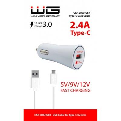 Ładowarka samochodowa WG Fast Charging USB 2,4A + kabel USB typ C Biały