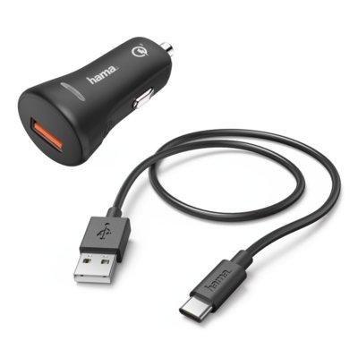 Ładowarka samochodowa HAMA QC USB-A Czarny + kabel USB-C 1.5m 183231