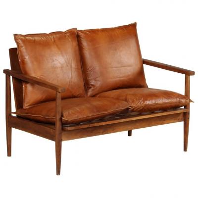 Emaga vidaxl 2-osobowa sofa z prawdziwej skóry i drewna akacjowego, brązowa