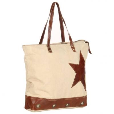 Emaga vidaxl torba shopper, beżowa, 48x61 cm, płótno i skóra naturalna