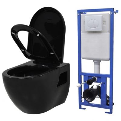 Emaga vidaxl podwieszana toaleta ceramiczna ze spłuczką, czarna