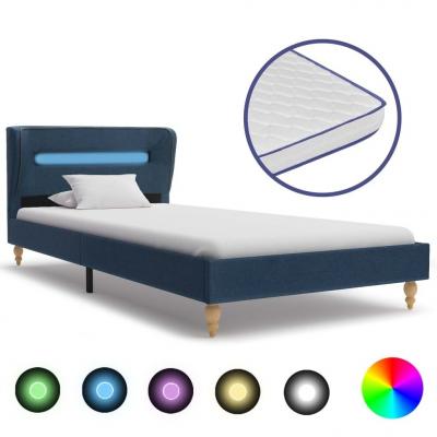 Emaga vidaxl łóżko led z materacem memory, niebieskie, tkanina, 90x200 cm