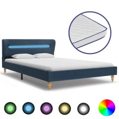 Emaga vidaxl łóżko led z materacem memory, niebieskie, tkanina, 140x200 cm
