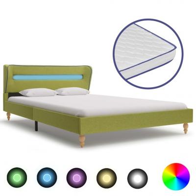 Emaga vidaxl łóżko led z materacem memory, zielone, tkanina, 140x200 cm