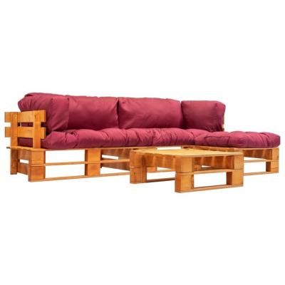 Emaga vidaxl 4-cz. zestaw ogrodowy, czerwone poduszki, palety z drewna