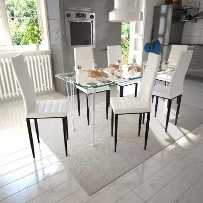 Emaga 6 wysokich, białych krzeseł do jadalni + stół ze szklanym blatem