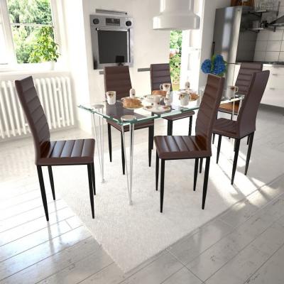 Emaga 6 wysokich, brązowych krzeseł do jadalni + stół ze szklanym blatem