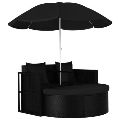 Emaga vidaxl łóżko ogrodowe z parasolem, polirattan, czarne