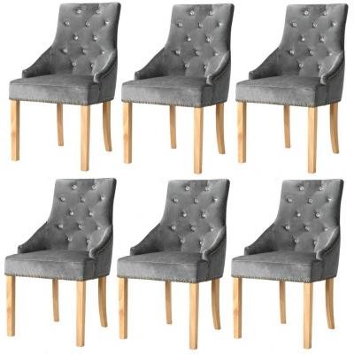 Emaga vidaxl krzesła stołowe, 6 szt., srebrne, lite drewno dębowe i aksamit