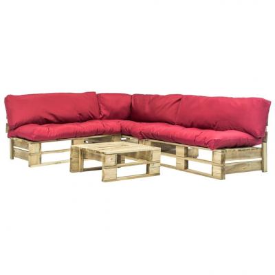 Emaga vidaxl 4-cz. zestaw ogrodowy, czerwone poduszki, palety z drewna